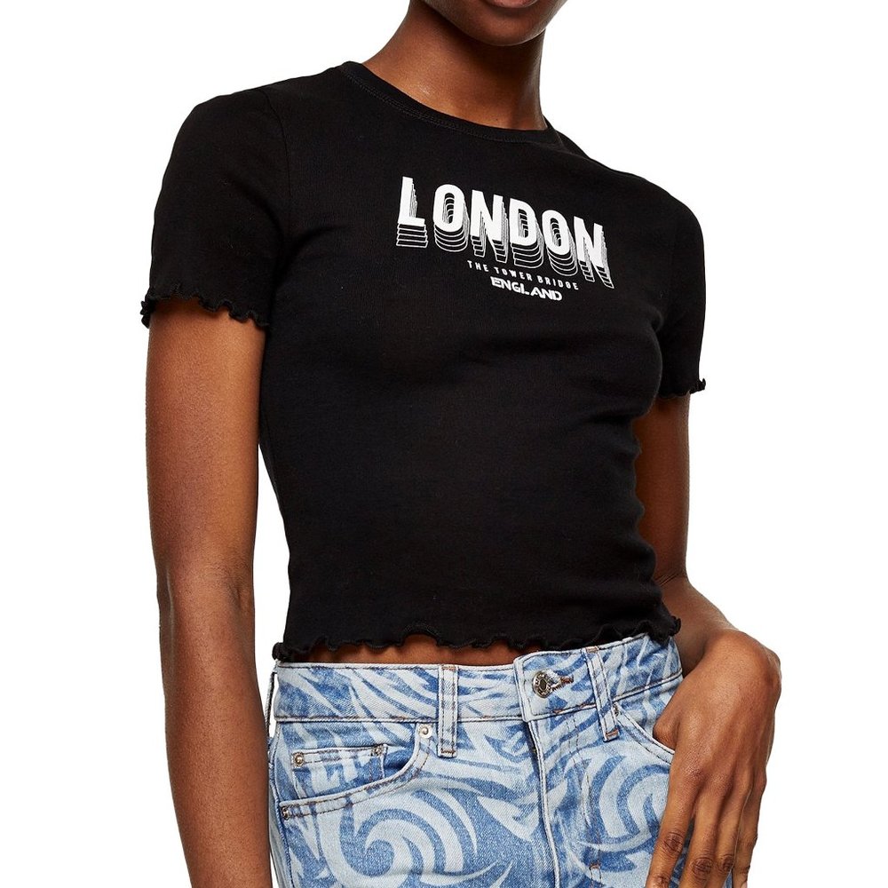 Topshop Crop Top, Women's Size 8, Black "LONDON The‎ Tower Bridge ENGLAND" 3765